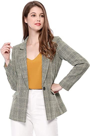 Women's Plaid Notched Lapel One Button Houndstooth Blazer Jacket