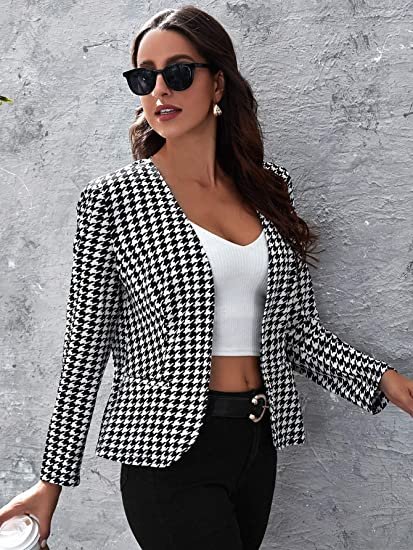 Women Elegant Open Front Houndstooth Blazer Work Office Jacket Outwear